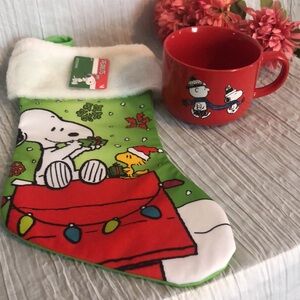SNOOPY PEANUTS Christmas stocking NWT & red Charlie Brown Snoopy large soup mug